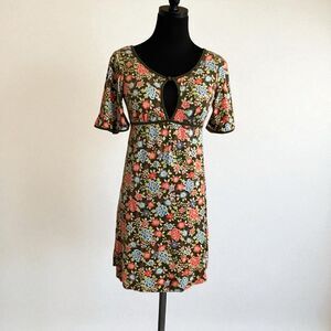 Free People Dress Floral Olive Front Keyhole Wide Short Sleeves Size XS